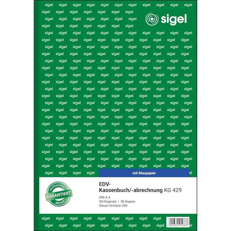 SIGEL KG429 Kassenbuch EDV, Steuerschiene 300, A4, 2x50 Blatt, mit Blaupapier, ultrafeiner Mikroperforation