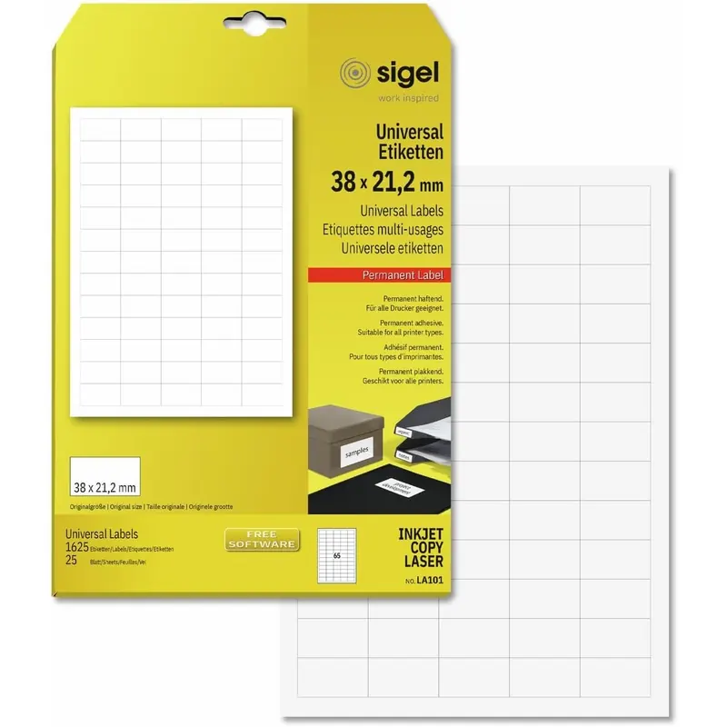 SIGEL LA101 Mini-Etiketten selbstklebend, bedruckbar, weiß, z.B. Preisauszeichnung, 38 x 21,2 mm, 1625 Etiketten= 25 Blatt