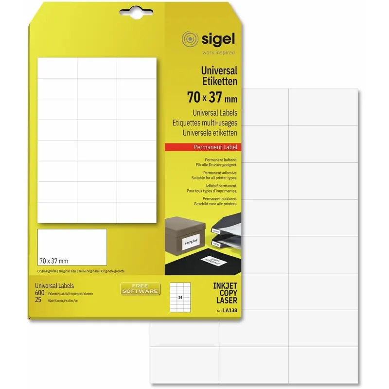 SIGEL LA138 Universal-Etiketten selbstklebend, bedruckbar, weiß, 70 x 37 mm, 600 Etiketten = 25 Blatt
