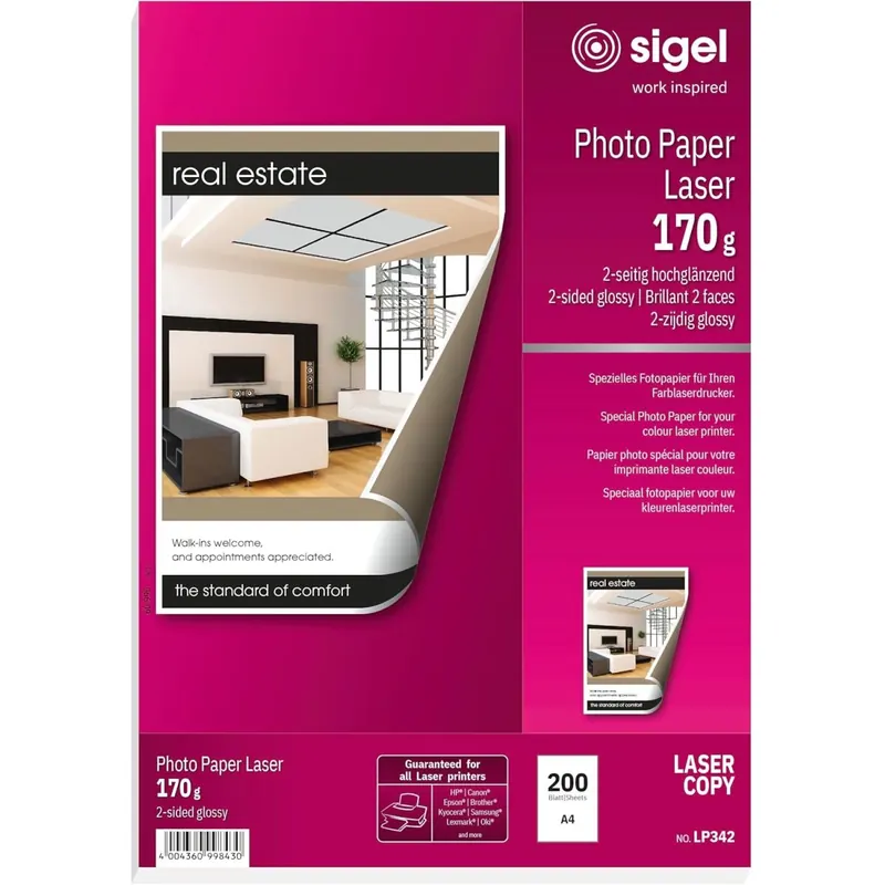 SIGEL LP342 Fotopapier für Laser / Kopierer, A4, 200 Blatt, hochglänzend, beidseitig bedruckbar, 170 g