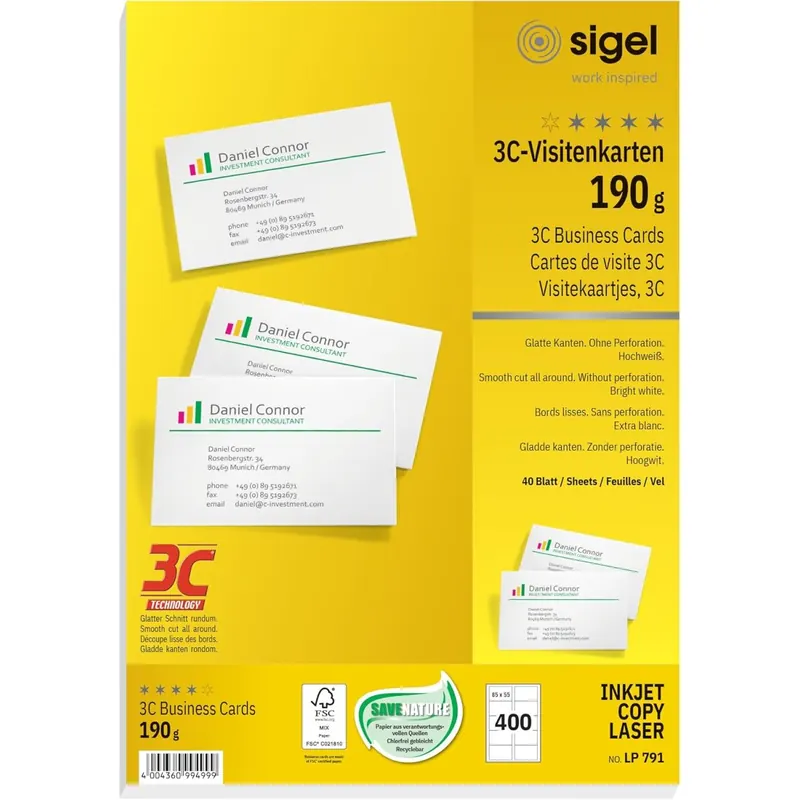 SIGEL LP791 bedruckbare Visitenkarten 3C, 400 Stück (40 Blatt), hochweiß, glatter Schnitt rundum, 190 g, 85x55 mm