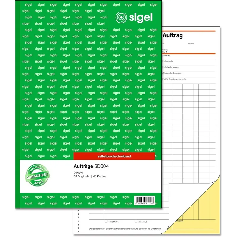 Sigel SD004 Auftragsbuch A4 2x40 Blatt selbstdurchschreibend