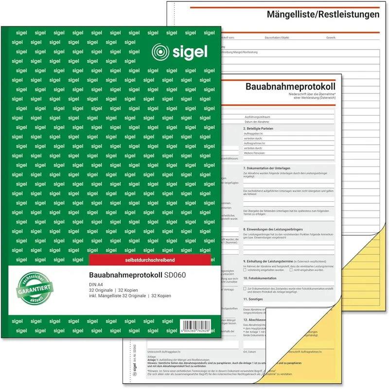 SIGEL SD060 Bauabnahmeprotokoll - A4 - selbstdurchschreibend - mit Mängelliste (32 Sätze) - 2x 64 Blatt