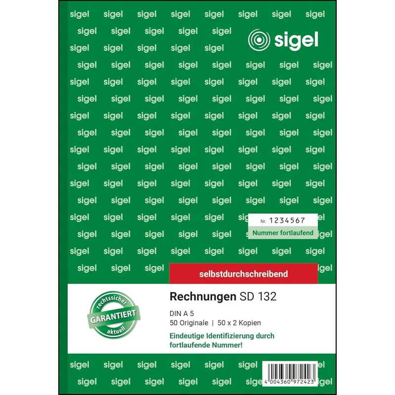 SIGEL SD132 Rechnungen fortlaufend nummeriert, eindeutige 7stellige Nummer wie vom Finanzamt vorgeschrieben, A5, 3x50 Blatt, selbstdurchschreibend, mit Abheftlochung, Rechnungsblock