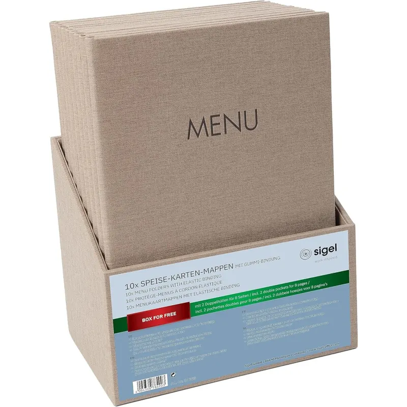 SIGEL SM208 Speisekarten-Mappen A4 - Set: 10 Stück mit gratis Aufbewahrungsbox - Gummi-Bindung, beige mit Leinenstruktur, strapazierfähig und leicht abwischbar