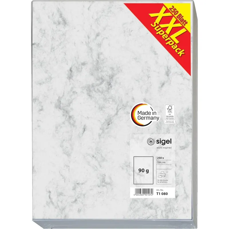 SIGEL T1080 Hochwertiges Marmor-Papier A4 grau (250 Blatt, 90 g) beidseitig marmoriert, Briefpapier, Speisekarte, XXL-Superpack wie DP371