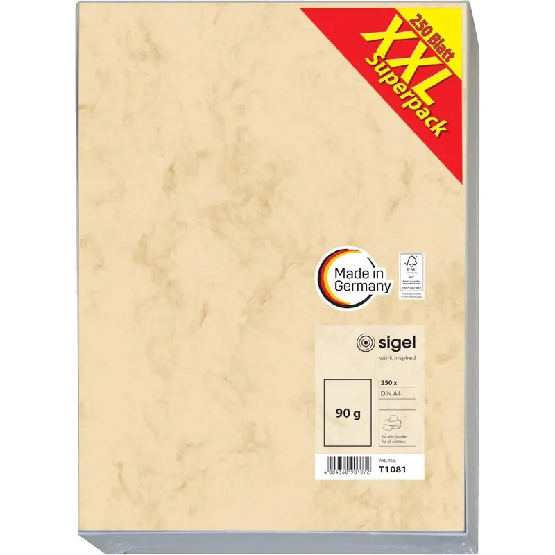 SIGEL T1081 Hochwertiges Marmor-Papier A4 beige (250 Blatt, 90 g) beidseitig marmoriert, Briefpapier, Speisekarte, XXL-Superpack wie DP372