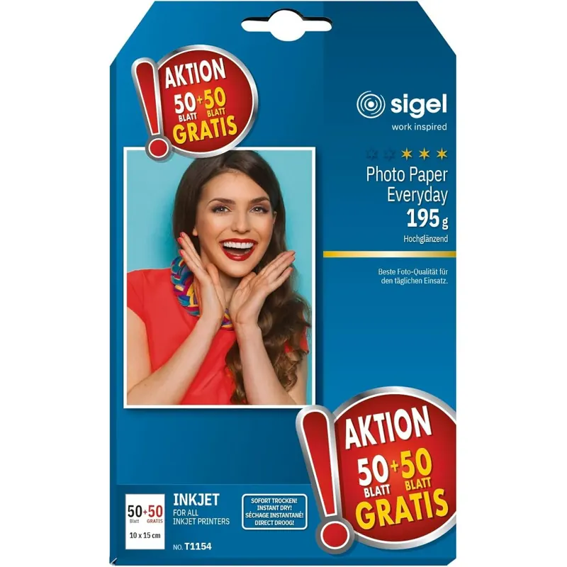 SIGEL T1154 InkJet Fotopapier, 50 + 50 Blatt gratis, 10 x 15 cm, hochglänzend, 195 g