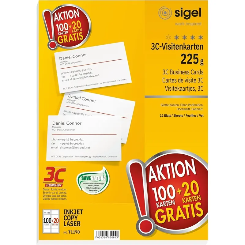 SIGEL T1170 Visitenkarten bedruckbar hochweiß 225 g 120 Stk 85x55 mm