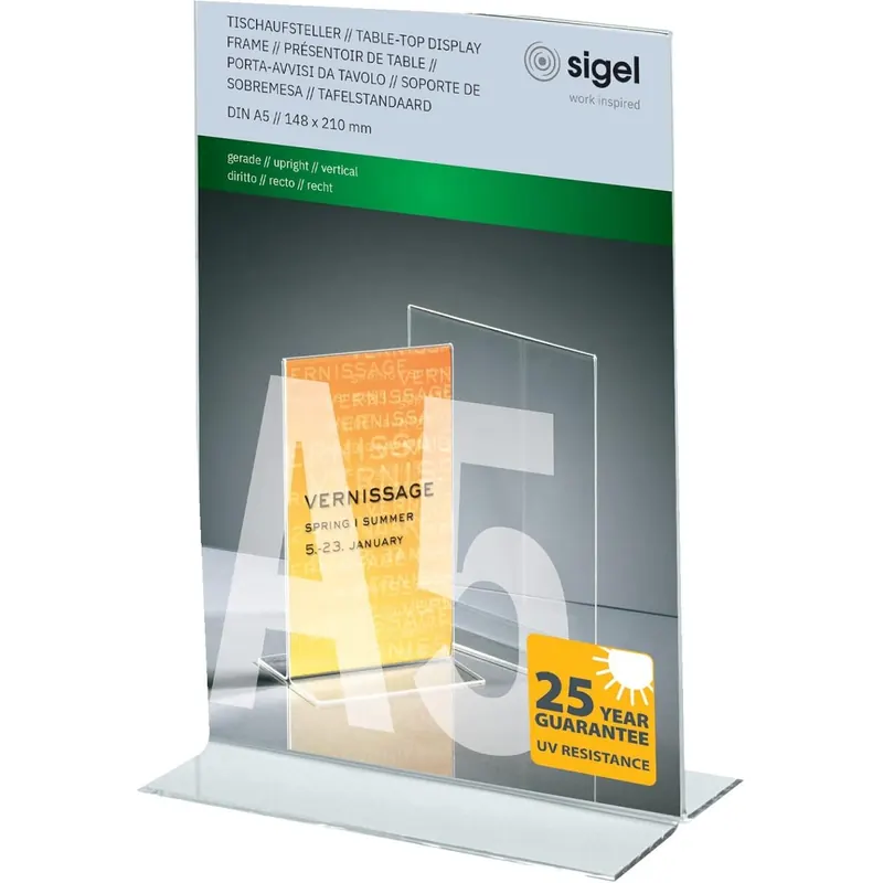 SIGEL TA222 Tischaufsteller A5 gerade, hochwertiges glasklares Acryl, garantiert UV-beständig, Werbeaufsteller