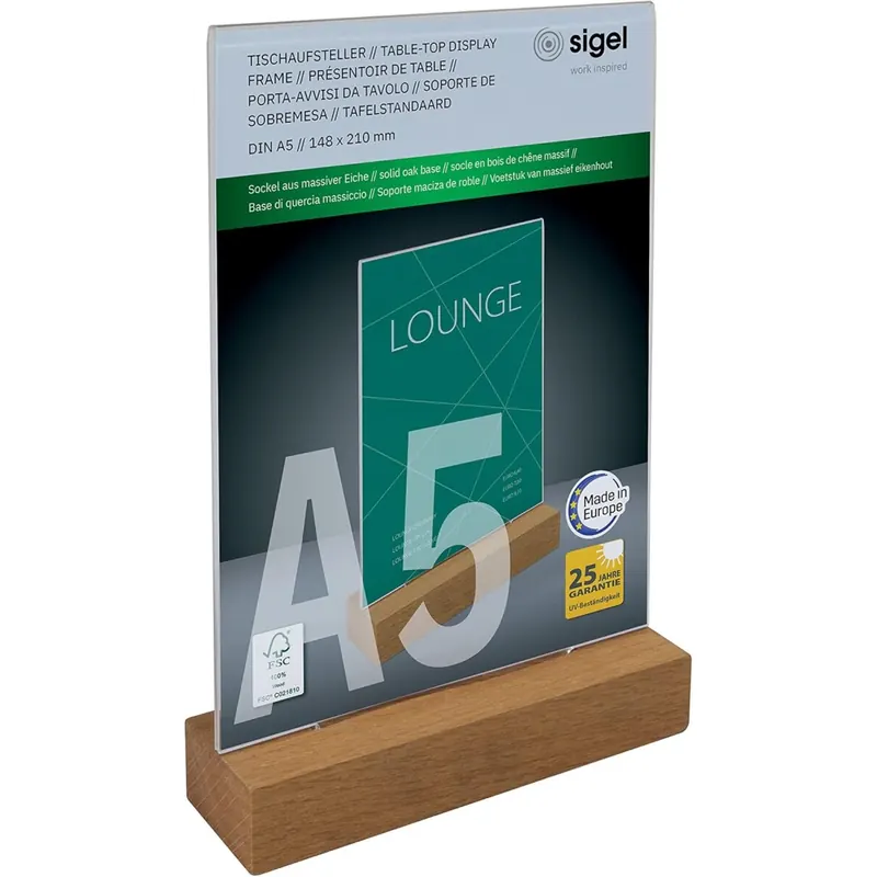 Sigel TA254 Tischaufsteller A5 hoch, mit Eichenholz-Sockel, glasklares Acryl, Holz FSC-zertifiziert, Werbeaufsteller