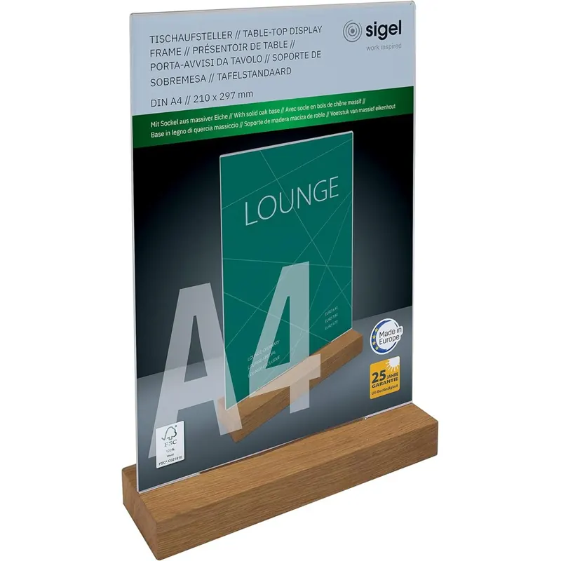 Sigel TA256 Tischaufsteller A4 hoch, mit Eichenholz-Sockel, glasklares Acryl, Holz FSC-zertifiziert, Werbeaufsteller