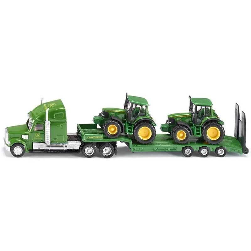 Siku 1837, Freightliner Tieflader mit 2 John Deere Traktoren, 1:87, Metall/Kunststoff, Grün, Klappbare Heckklappe
