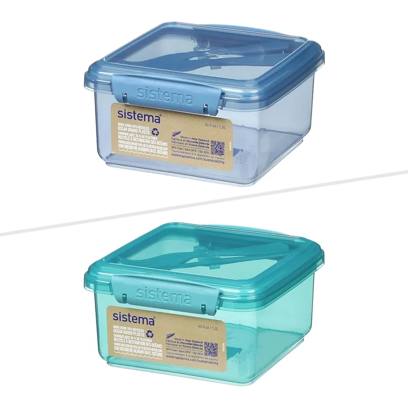 Sistema 2165236 Ocean Bound Lunchbox mit Besteck aus Kunststoff | 1,2 l Frischhaltedose mit Gabel und Messer | BPA-frei, aus recyceltem Kunststoff | Blaugrün oder Blau (Farbe nicht wählbar)