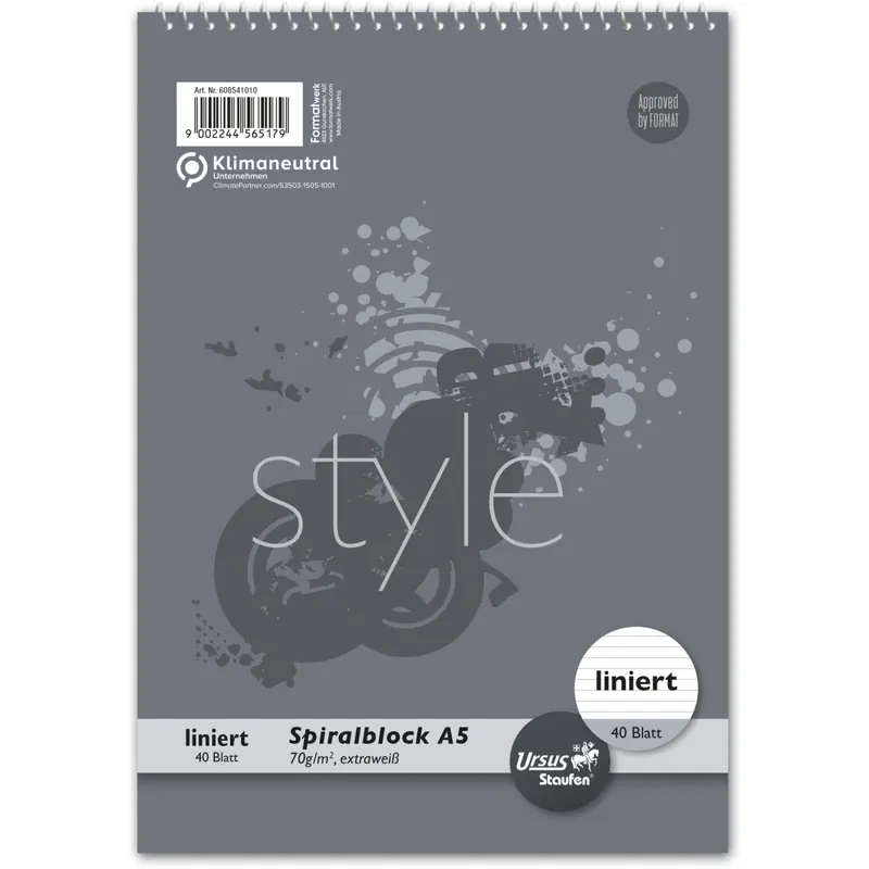 Spiralblock Staufen Style 608541010 - A5 148 x 210 mm grau liniert Lineatur04 mit Schreiblinie 40 Blatt klimaneutral extraweißes Qualitätspapier 70 g/m²