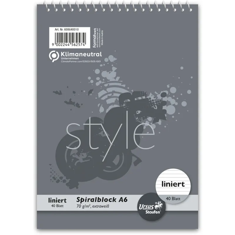 Spiralblock Staufen Style 608640010 - A6 105 x 148 mm grau liniert Lineatur51 40 Blatt klimaneutral extraweißes Qualitätspapier 70 g/m²