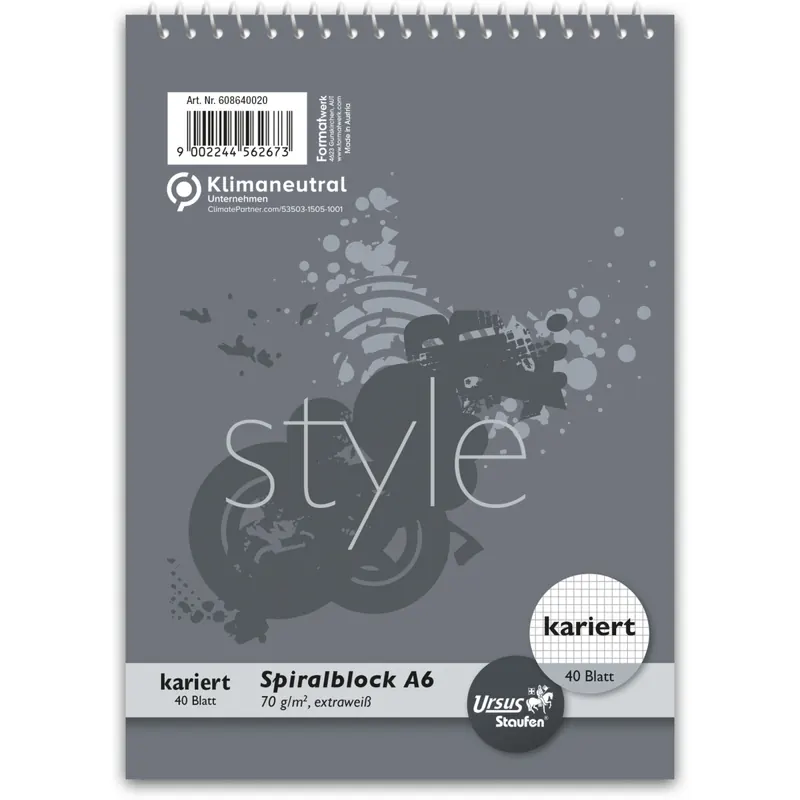 Spiralblock Staufen Style 608640020 - A6 105 x 148 mm grau kariert Lineatur52 40 Blatt klimaneutral extraweißes Qualitätspapier 70 g/m²