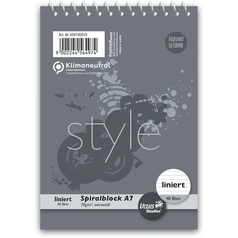Spiralblock Staufen Style 608740010 - A7 74 x 105 mm grau liniert 40 Blatt klimaneutral extraweißes Qualitätspapier 70 g/m²
