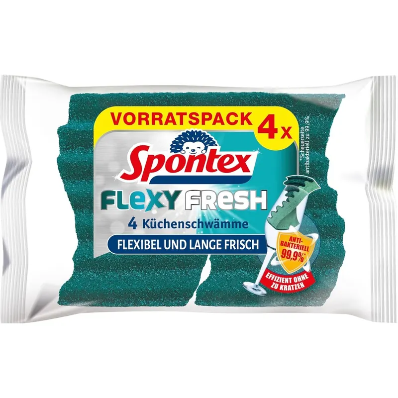 Spontex 19470309 Flexy Fresh x4, der effiziente Reinigungsschwamm mit antibakteriellem Schutz, flexibel, lange frisch, kratzfrei, 1 x 4 Stück