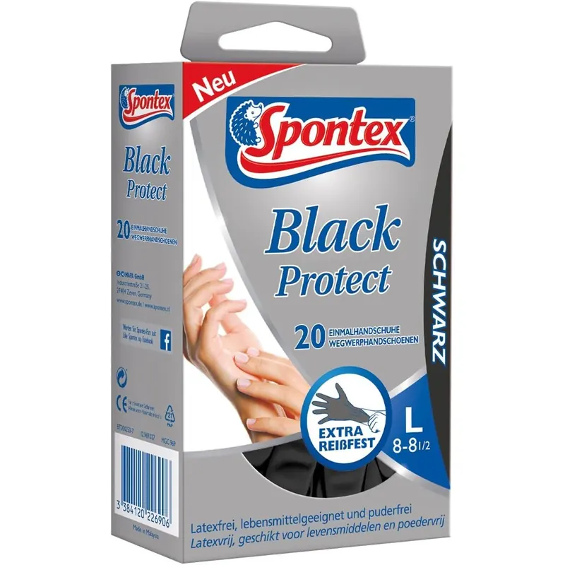 Spontex Black Protect, 20 Einmalhandschuhe aus Nitril, besonders reißfest und strapazierfähig, latexfrei und ungepudert, Größe L (2 x 20 Stück)