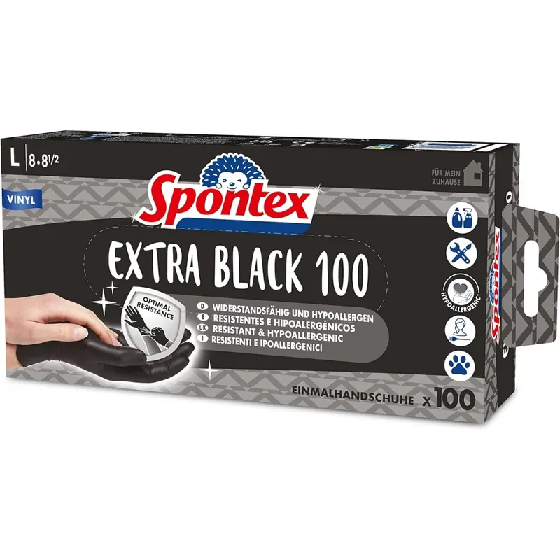 Spontex Extra Black Einmalhandschuhe aus Vinyl, ungepudert und latexfrei, vielseitig einsetzbar, in praktischer Spenderbox, Größe L, 100er Pack, schwarz