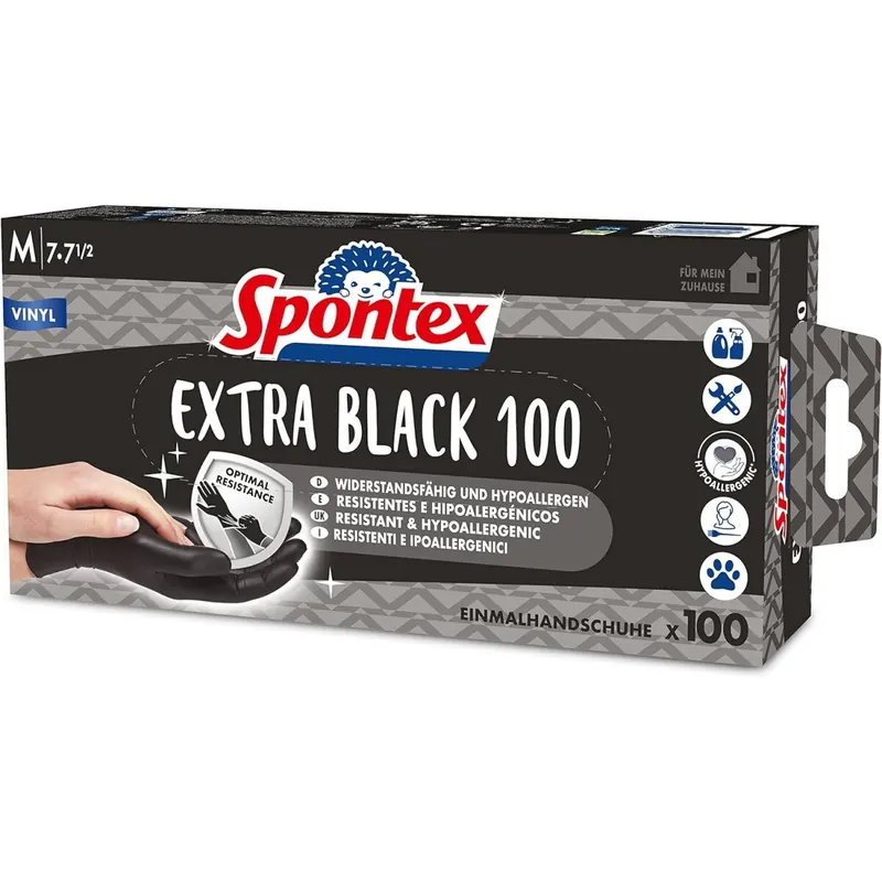 SPONTEX Extra Black Einmalhandschuhe aus Vinyl, ungepudert und latexfrei, vielseitig einsetzbar, in praktischer Spenderbox, Größe M, 100er Pack, schwarz