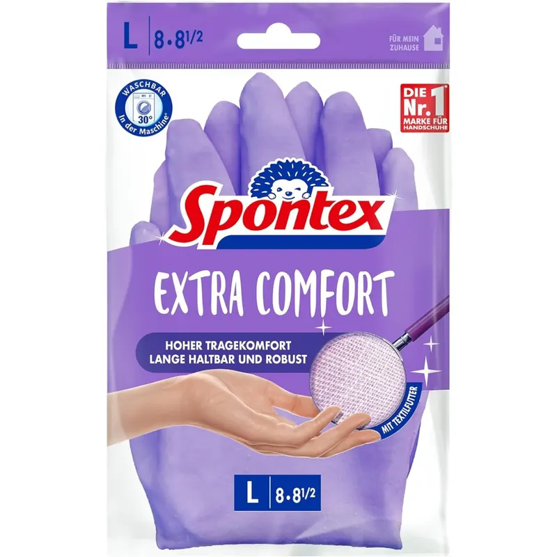 Spontex Extra Comfort L, Premium-Haushaltshandschuhe mit weichem Textilfutter, ideal für alle Putzarbeiten im Haushalt, 30°C waschbar, Größe L (8-8,5), 1 Paar, Lila