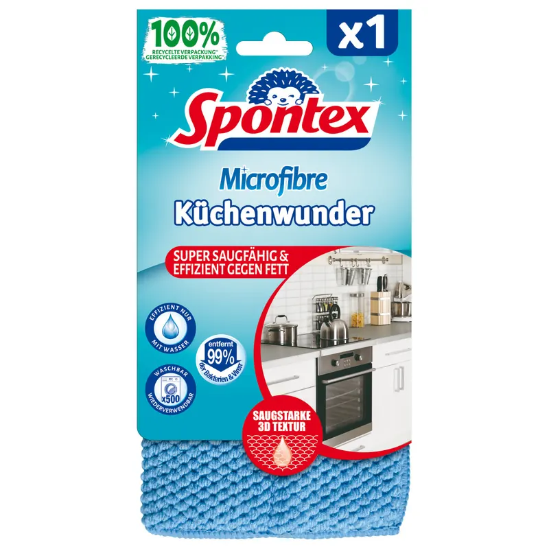 Spontex Microfibre Küchenwunder, 3D Mikrofaser-Pad mit Schwammkern, ideal für alle Küchenoberflächen, effizient gegen Schmutz und Fettrückstände, 1 Stüc
