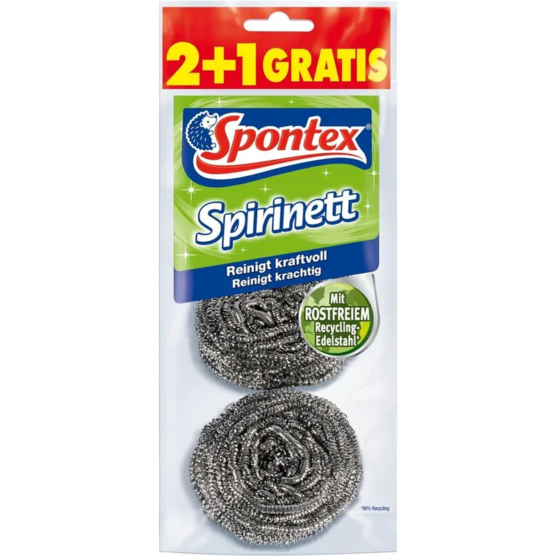 Spontex Spirinett Edelstahlspiralen, ideal für hartnäckigen Schmutz in Töpfen und Pfannen, aus rostfreiem Recycling-Edelstahl (1 x 3 Stück) | 3 Stück (1er Pack)