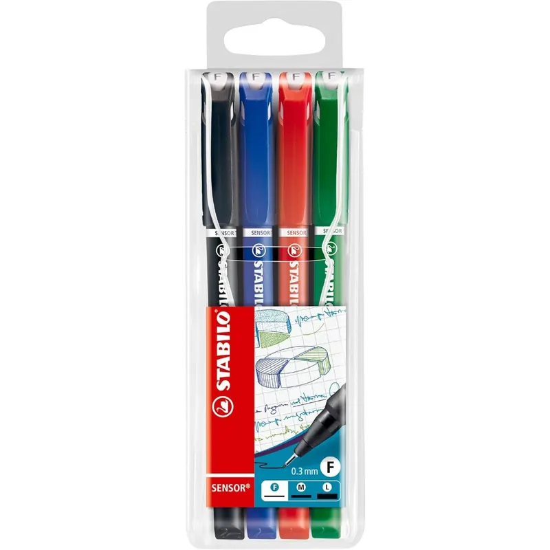 STABILO - Fineliner mit gefederter Spitze - SENSOR F - fein - 4er Pack - schwarz, blau, rot, grün