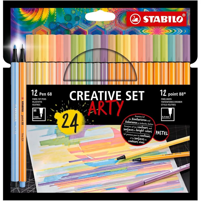 STABILO - Fineliner & Premium-Filzstifte - point 88 & Pen 68 - ARTY - 24er Pack - in Pastellfarben - 12x point 88 in 12 Farben, 12x Pen 68 in 12 Farben