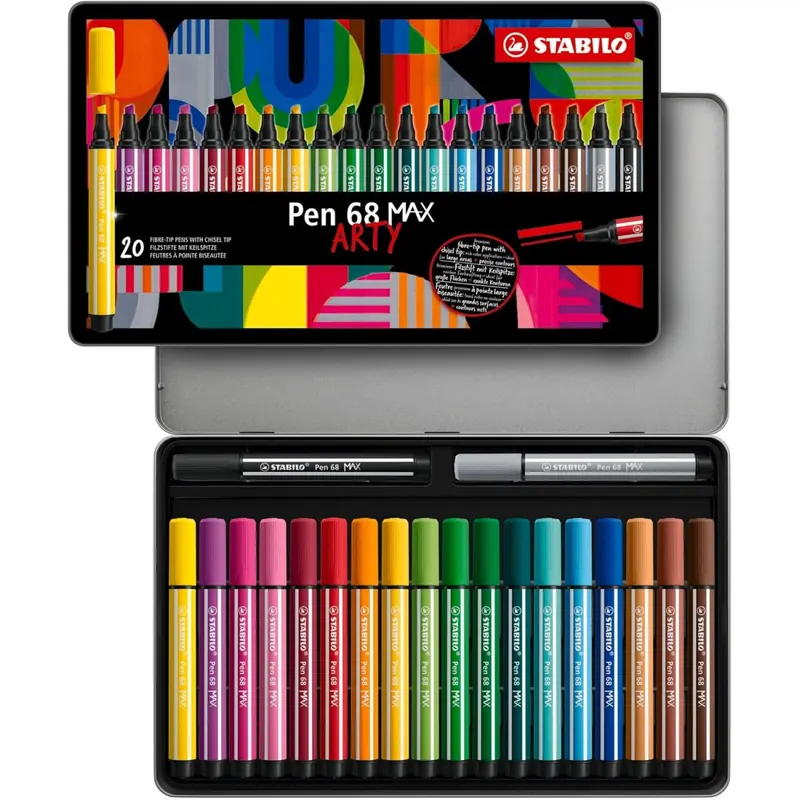 STABILO - Premium-Filzstift mit dicker Keilspitze - Pen 68 MAX - ARTY - 20er Metalletui - mit 20 verschiedenen Farben
