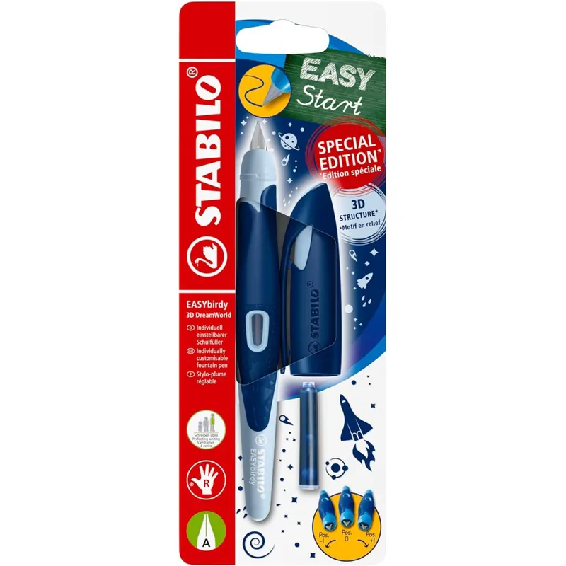 STABILO - Schulfüller ergonomisch für Rechtshänder mit Anfänger-Feder A - EASYbirdy 3D DreamWorld Special Edition in blau - inkl. Patrone