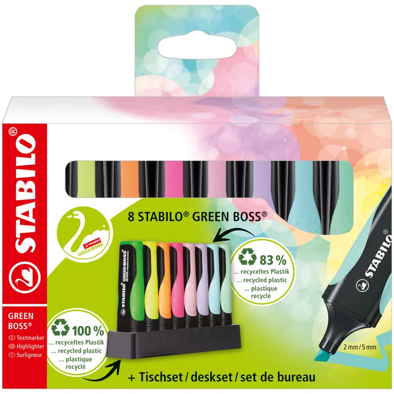 STABILO - Umweltfreundlicher Textmarker - GREEN BOSS 8er Tischset - mit jeweils 4 verschiedenen Pastell- und Leuchtfarben