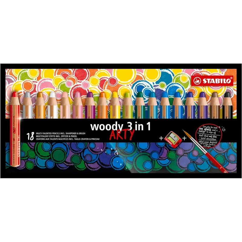 STABILO - woody 3 in 1 ARTY Buntstift, Wasserfarbe & Wachsmalkreide - 18er Pack mit Spitzer und Pinsel - mit 18 verschiedenen Farben