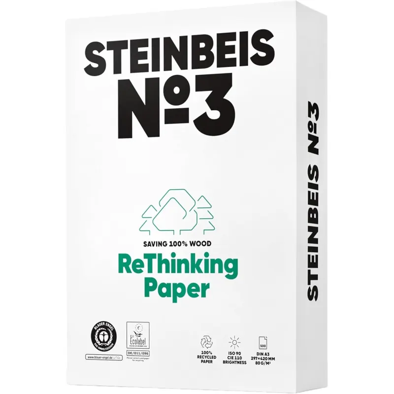 Steinbeis No. 3 Druckerpapier 2500 (5 x 500) Blatt DIN A3 Recycling-Papier 80 g/m², Weiß & Chlorfrei, hochwertiges Kopierpapier ISO 90 / CIE 110