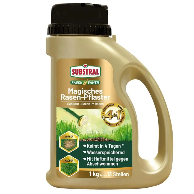 Substral 4in1 Rasen-Pflaster, Rasensamen + Keimsubstrat + Dünger, 1kg Streuflasche, Für dichte Rasenfläche & schnelle Rasenreparatur