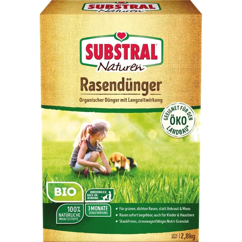 Substral 8855  Naturen Bio Rasendünger organischer Volldünger 3 Monate Langzeitwirkung alle Rasenarten bis zu 80 m² 2 8kg