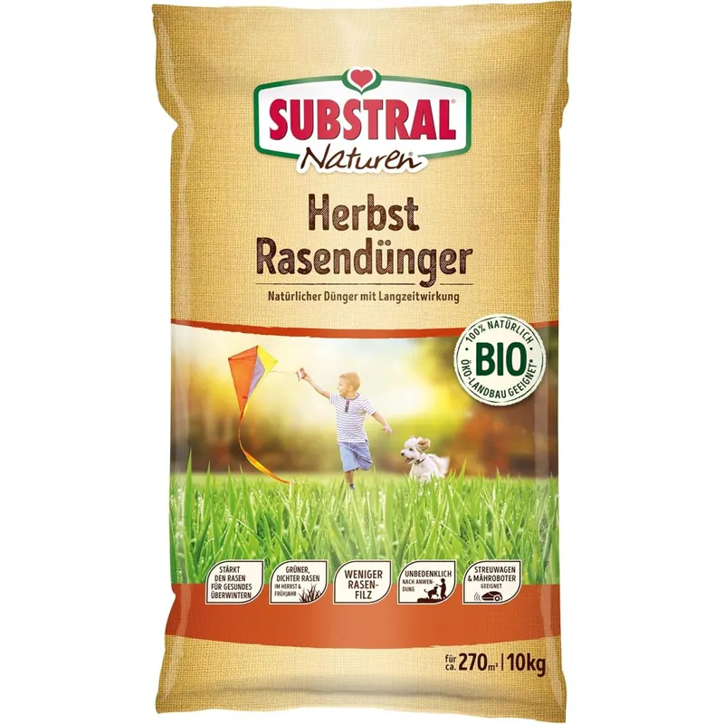 SUBSTRAL Naturen BIO Herbstrasendünger, Nährstoffreich, 10 kg - für bis zu 270 m², geeignet für alle Rasenarten
