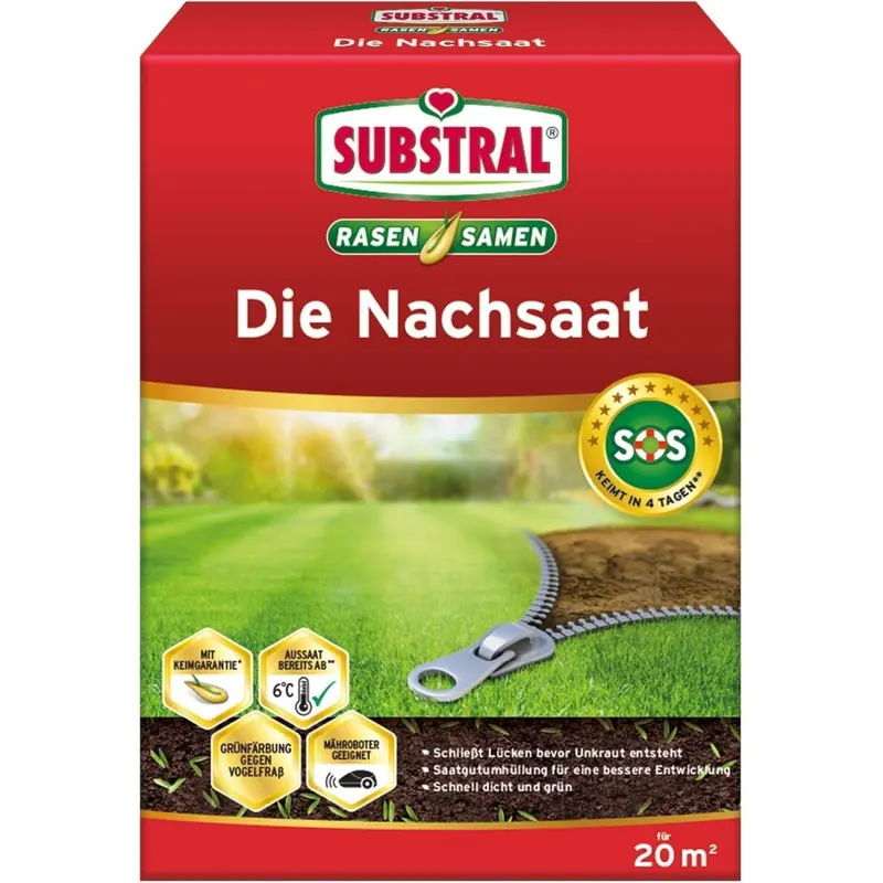 Substral Rasensamen Die Nachsaat, Rasensaat, Schnell keimende strapazierfähige Rasenreparatur-Mischung, 400 g für 20 m²