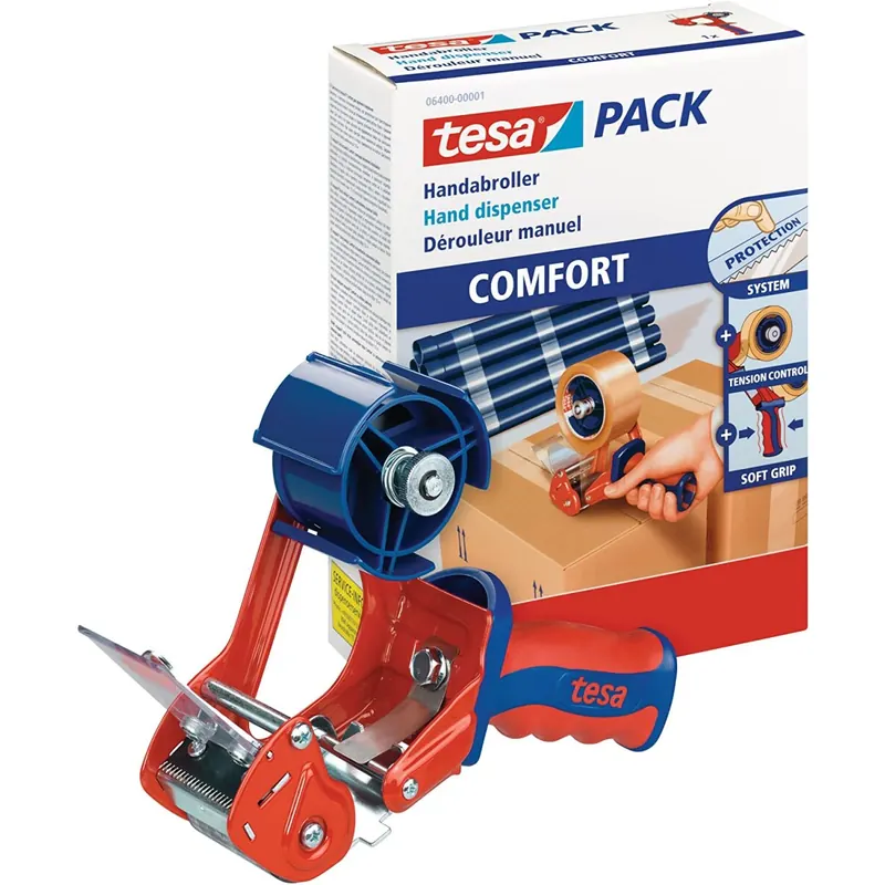 tesa 6400 Packband Handabroller COMFORT - Hochwertiger, robuster Abroller für Paketbänder - Profi-Qualität - Für Klebebänder mit bis zu 50 cm Breite
