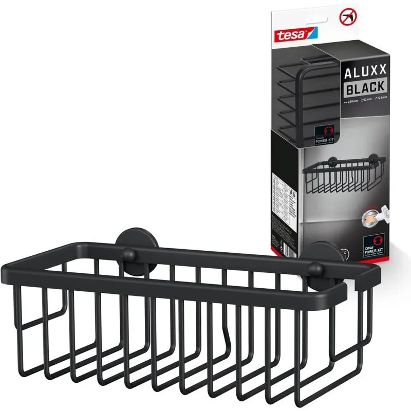 tesa ALUXX BLACK Duschablage zur Wandmontage ohne Bohren, schwarz matt - einstöckig und extra tief - für Bäder im Industrial Style und moderne Badezimmer - mit Klebelösung