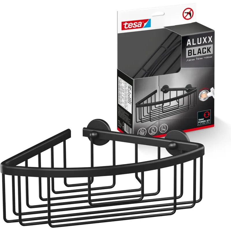 tesa ALUXX BLACK Eck-Duschablage zur Wandmontage ohne Bohren, schwarz matt - einstöckig - für Bäder im Industrial Style und moderne Badezimmer - mit Klebelösung