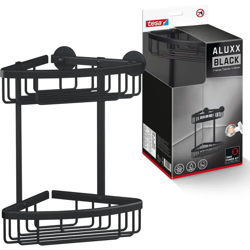 tesa ALUXX BLACK zweistöckige Eck-Duschablage zur Wandmontage ohne Bohren, schwarz matt - für Bäder im Industrial Style und moderne Badezimmer - mit Klebelösung