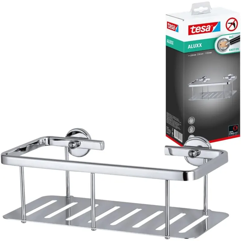 tesa ALUXX Duschablage, Aluminium, verchromt, garantiert rostfrei, inkl. Klebelösung, tiefer Boden
