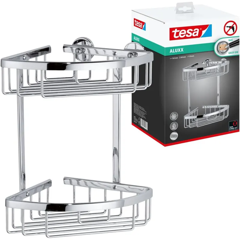 tesa ALUXX Duschablage für die Ecke, zweistöckig, Aluminium, verchromt, rostfrei, inkl. Klebelösung