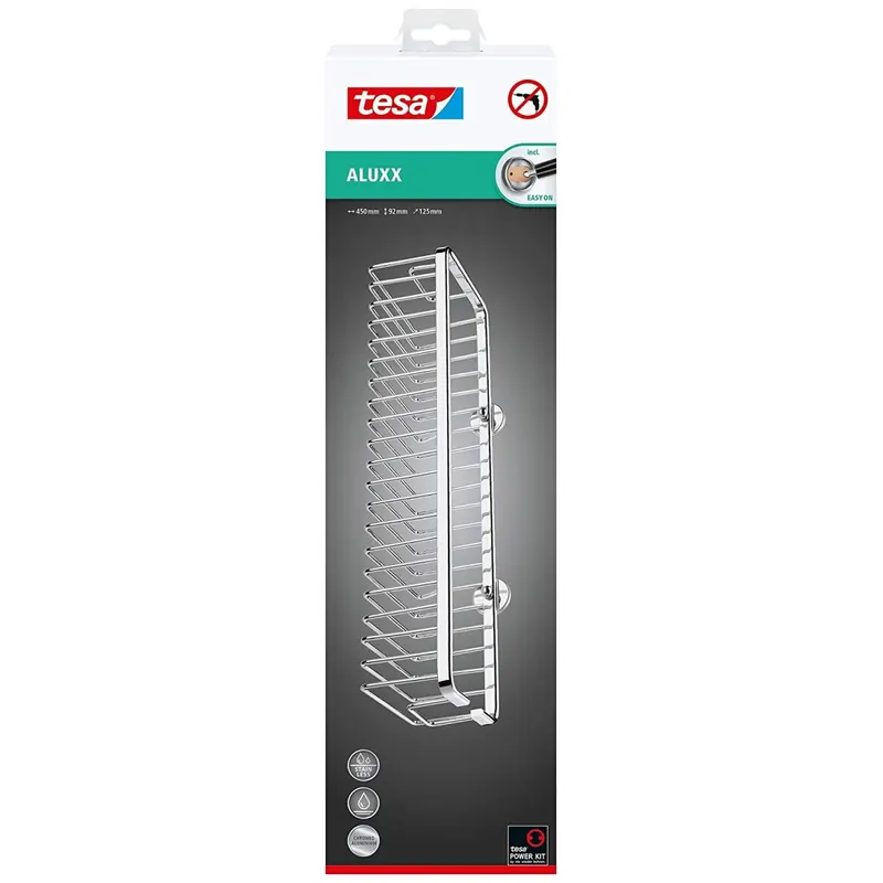 tesa ALUXX Duschkorb Gr. L (NICHT BOHREN, extra breit (45cm), Aluminium, verchromt, rostfrei, inkl. Klebelösung, 92mm x 450mm x 125mm) 40206-00000