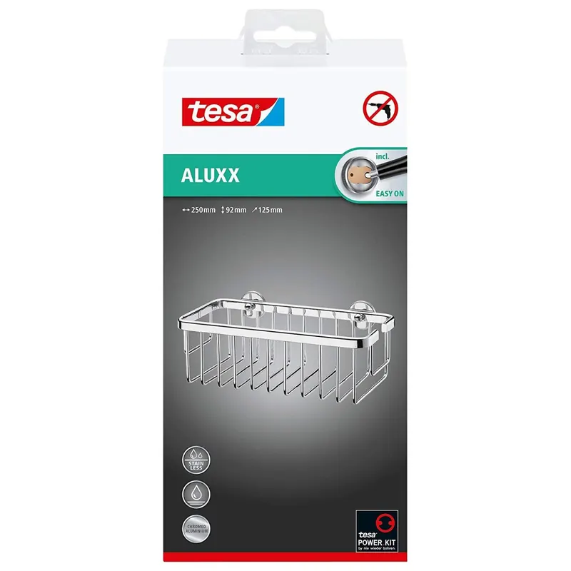 tesa ALUXX Duschkorb Gr. M (NICHT BOHREN, Aluminium, verchromt, rostfrei, inkl. Klebelösung, tiefer Boden, 92mm x 250mm x 125mm) 40201-00000