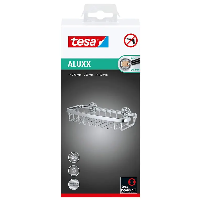 tesa ALUXX Duschkorb Gr. S (NICHT BOHREN, Aluminium, verchromt, rostfrei, inkl. Klebelösung, 50mm x 220mm x 102mm) 40207-00000