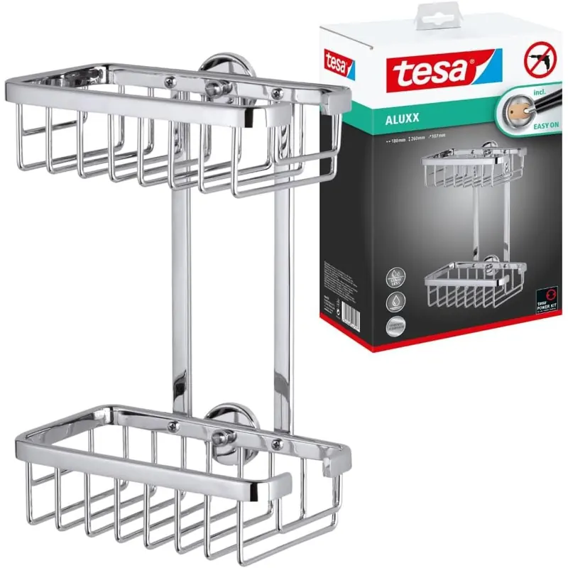 tesa ALUXX Duschregal ohne Bohren, Aluminium, verchromt, rostfrei, zweistöckig, inkl. Klebelösung